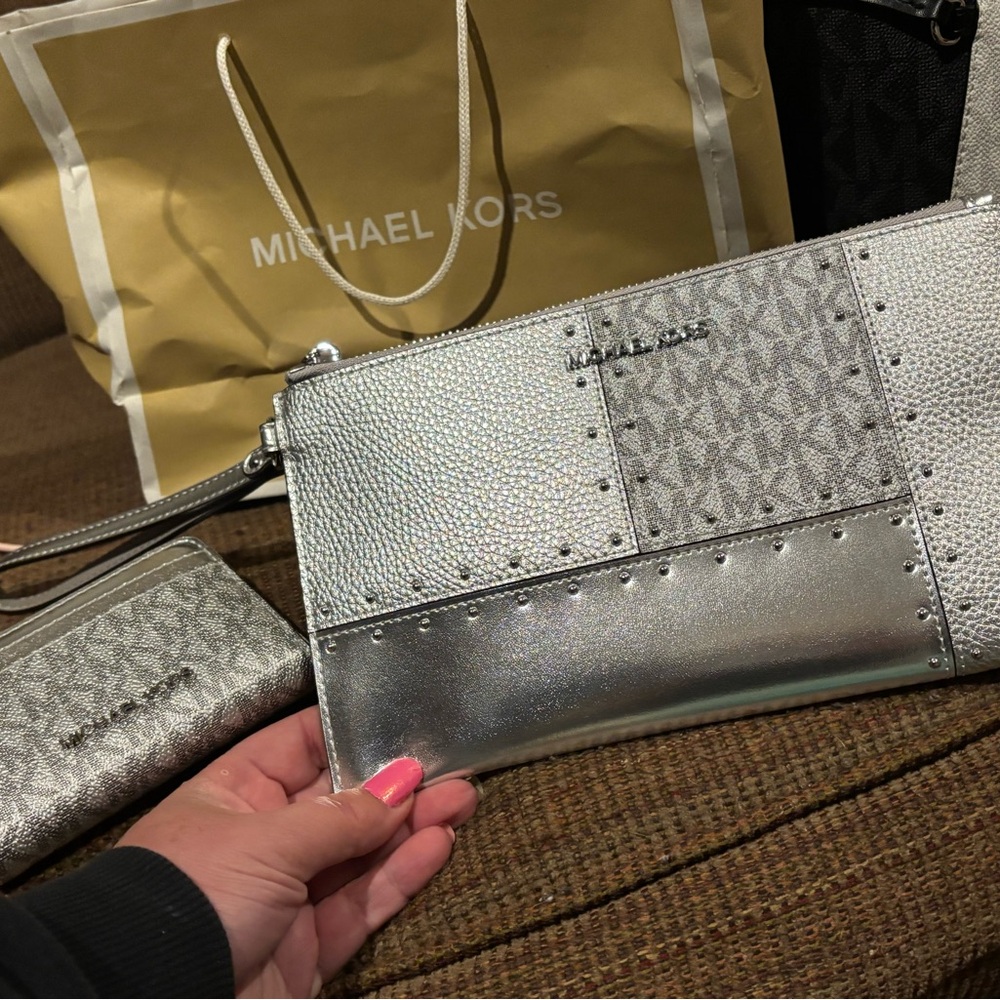 Michael Kors Silver Metallic Wristlet with Studded Design and Matching Wallet!